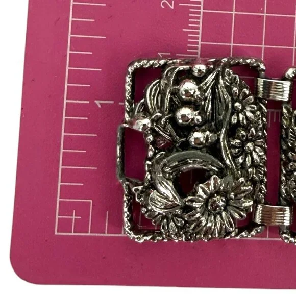 Vintage Sarah Coventry Floral SilverTone Panel Bracelet Antique Garden Sunflower - Picture 8 of 13